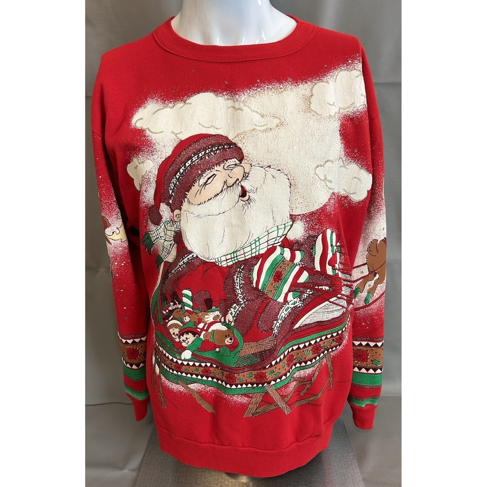 Christmas Sweatshirt Adult Extra Large Embroidered Puff Print 80s Santa AOP - Picture 1 of 14